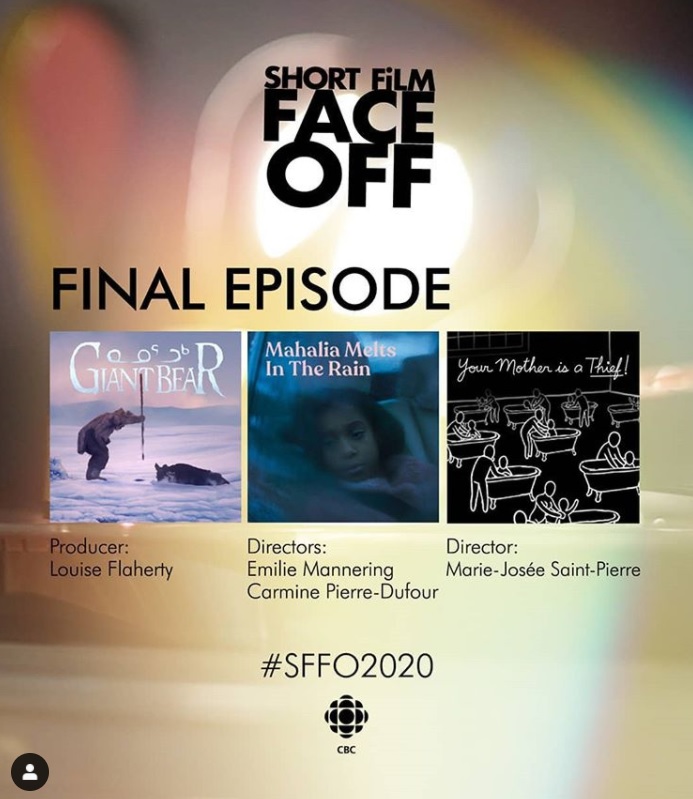 Short Film Face Off poster displaying the finalists (Giant Bear, Mahalia Melts in the Rain, and Your Mother is a Thief)