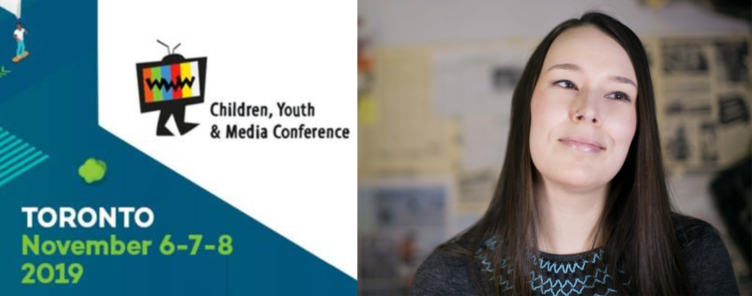 YMA conference poster (text reads: Children's Youth and Media conference, Toronto November 6-7-8 2019) next to Nadia Mike's headshot